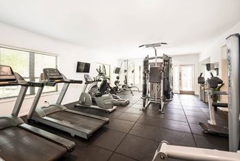 A spacious gym with treadmills, exercise bikes, and other equipment. at Southpark Commons Apartment Homes, Charlotte
